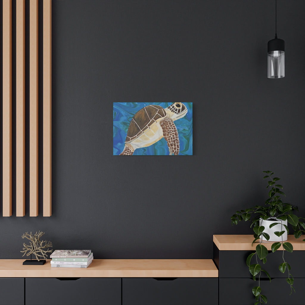 Artistic depiction of a turtle on a dark wall with wooden shelves and decor.