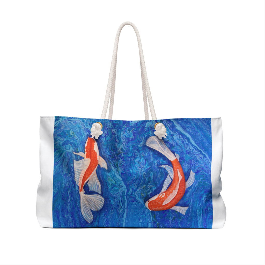 Tote bag with koi fish design on a blue background