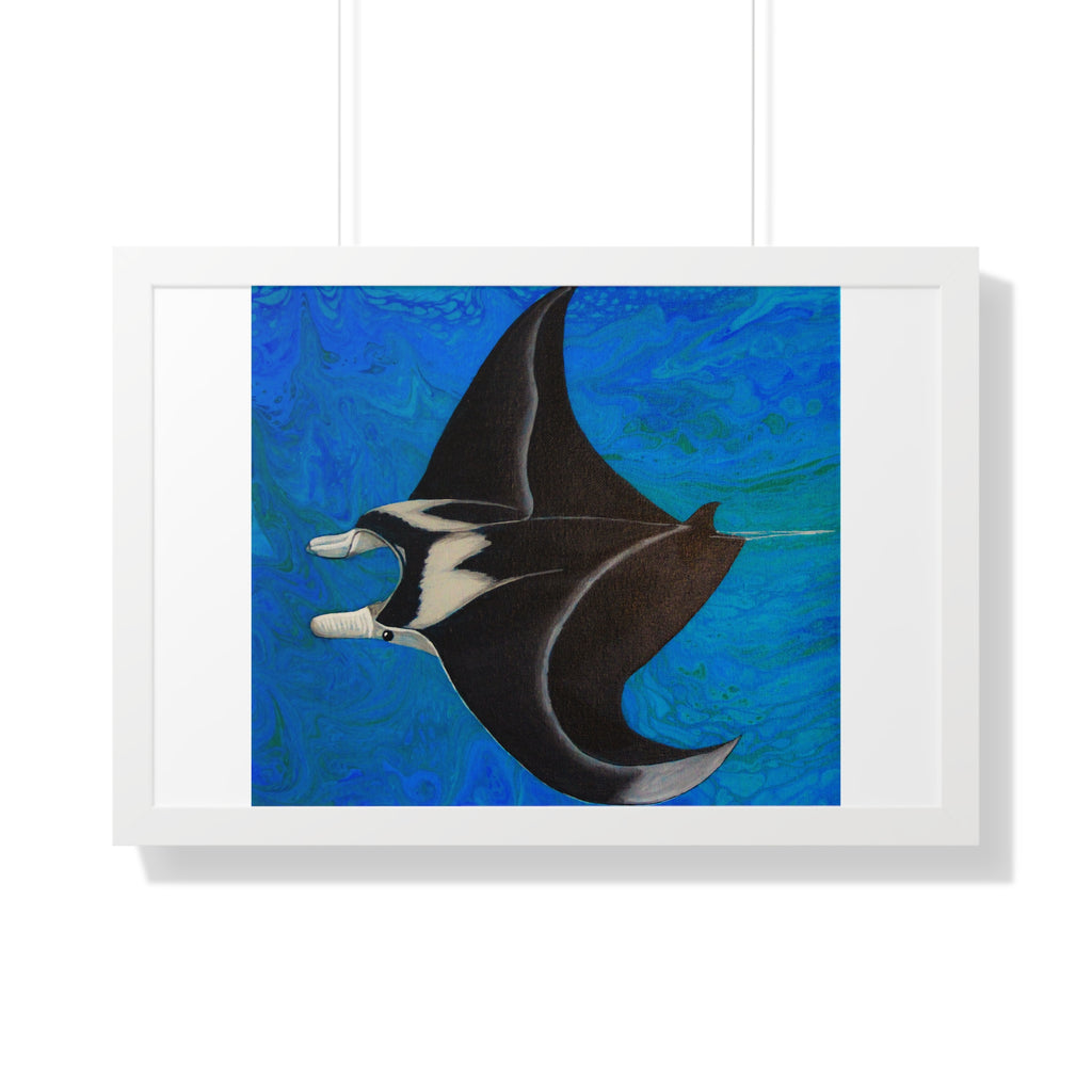 Framed artwork of a manta ray on a blue textured background