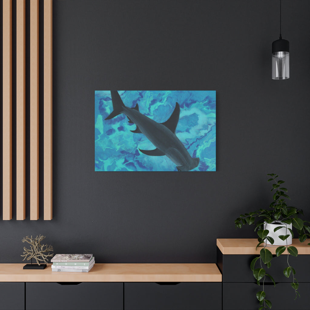 Shark painting on a dark wall with wooden shelves and decor.