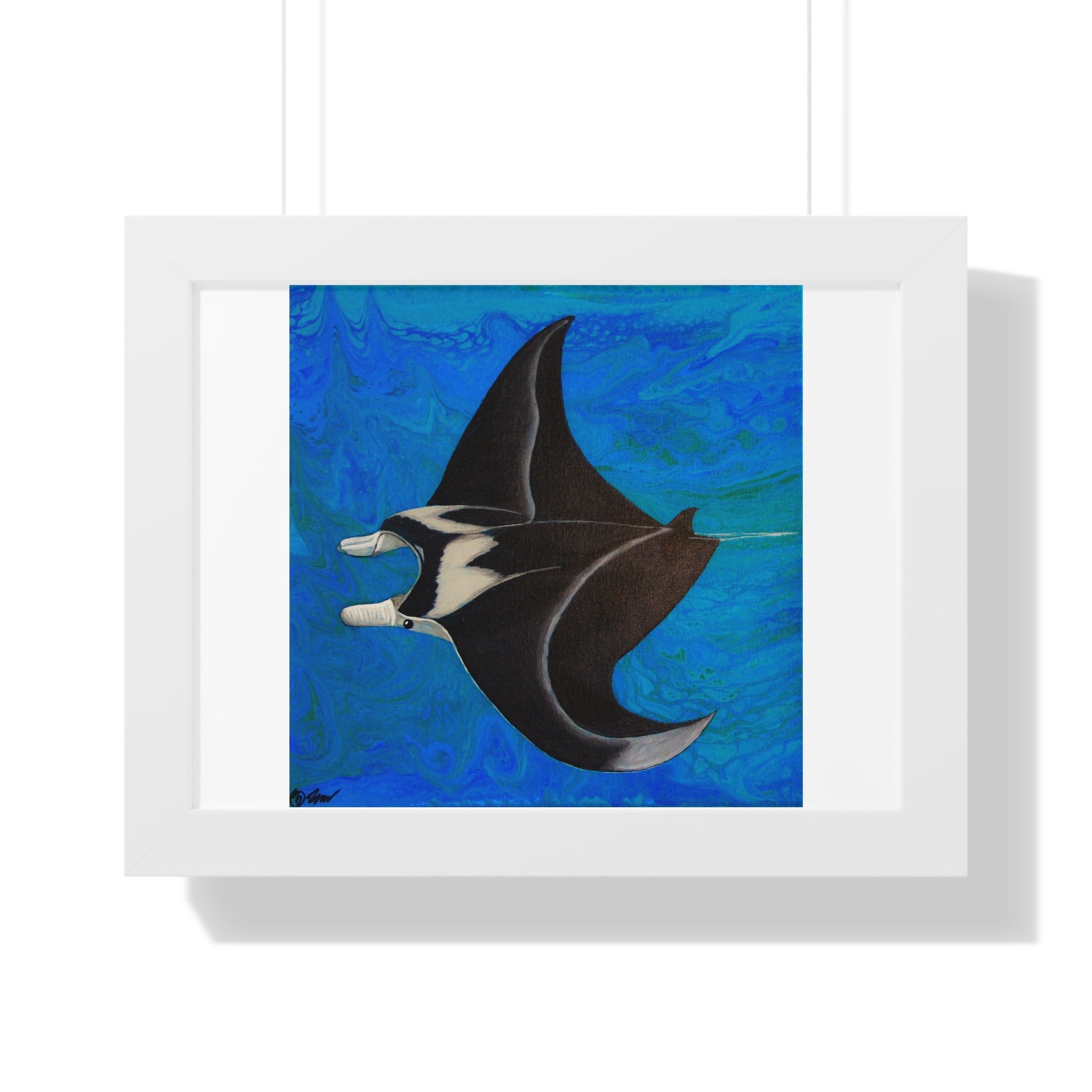 Framed artwork of a manta ray on a blue background