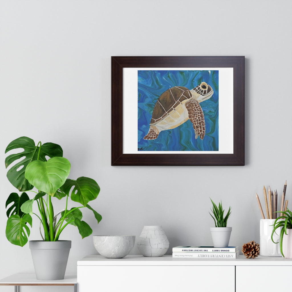 Framed artwork of a turtle on a wall above a white cabinet with decorative items.