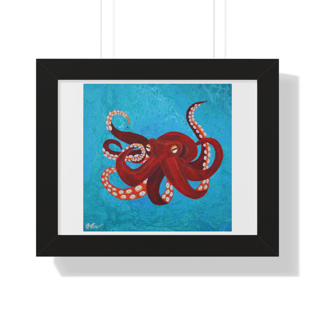 Framed artwork of a red octopus on a blue background
