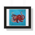 Framed artwork of a red octopus on a blue background