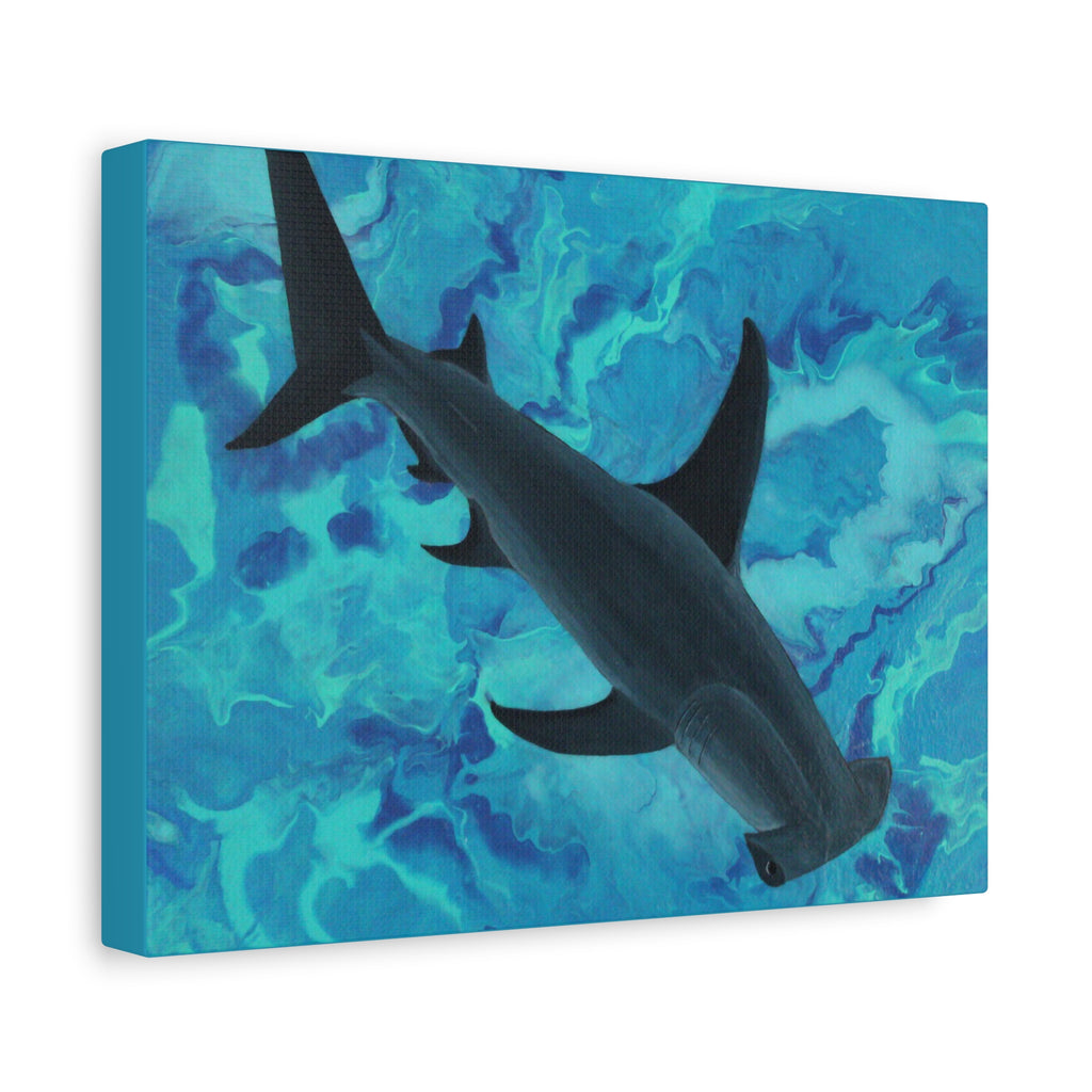 Canvas print of a shark against a blue abstract background