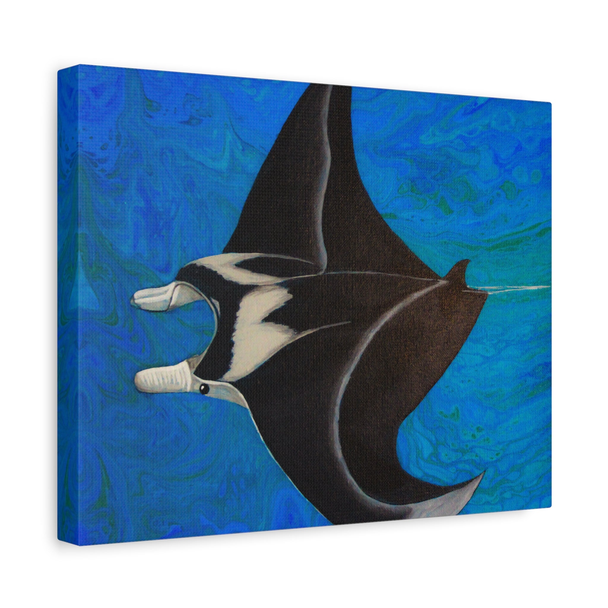 Canvas print of a manta ray against a blue abstract background