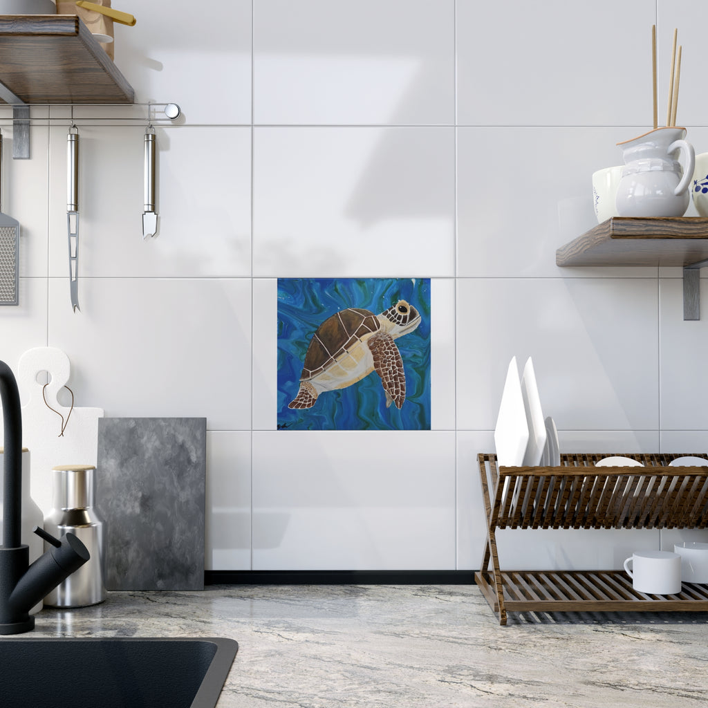 Kitchen interior with a turtle tile mural on the wall