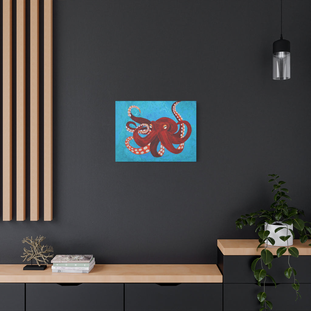 Red Octopus Matte Canvas Wall Art — Stretched Ocean Painting