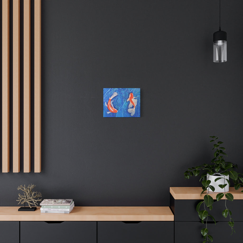 Abstract blue with fish painting on a dark wall with wooden shelves and decor.