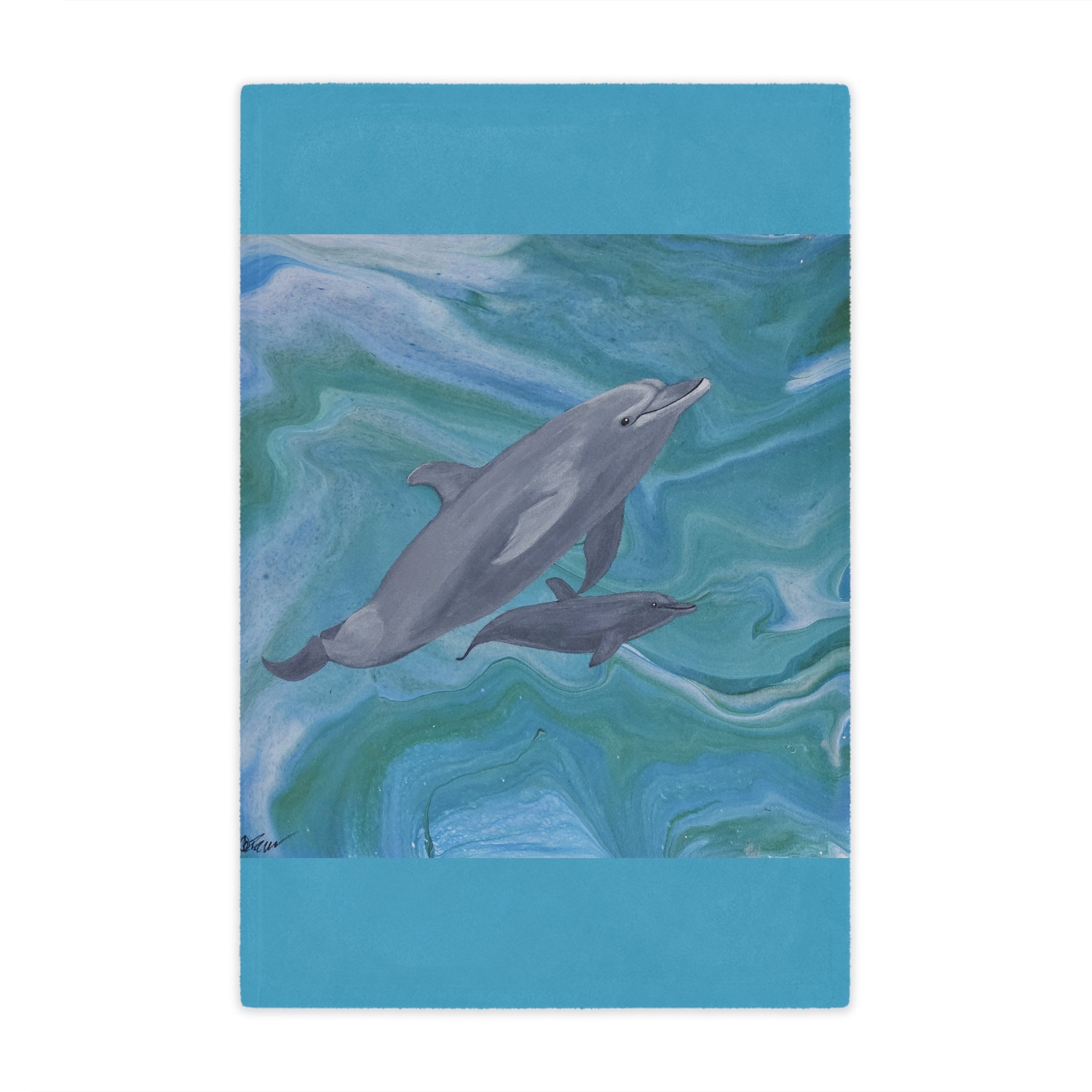 blanket with dolphins on a blue and green abstract water design