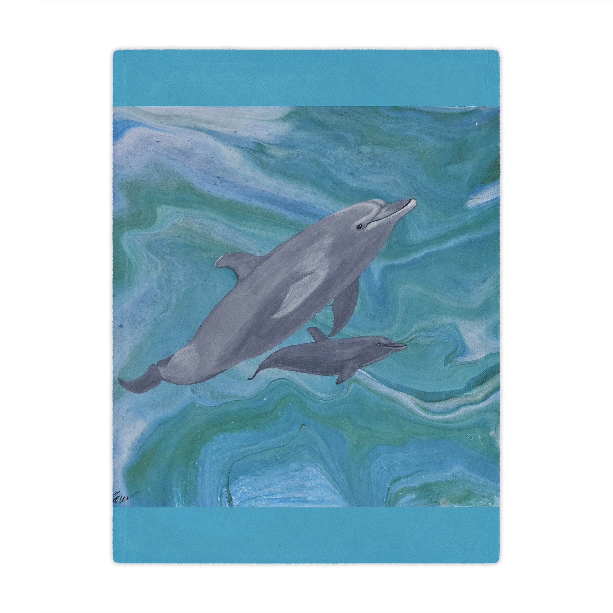 Blanket with a design of two dolphins on a blue and green abstract background