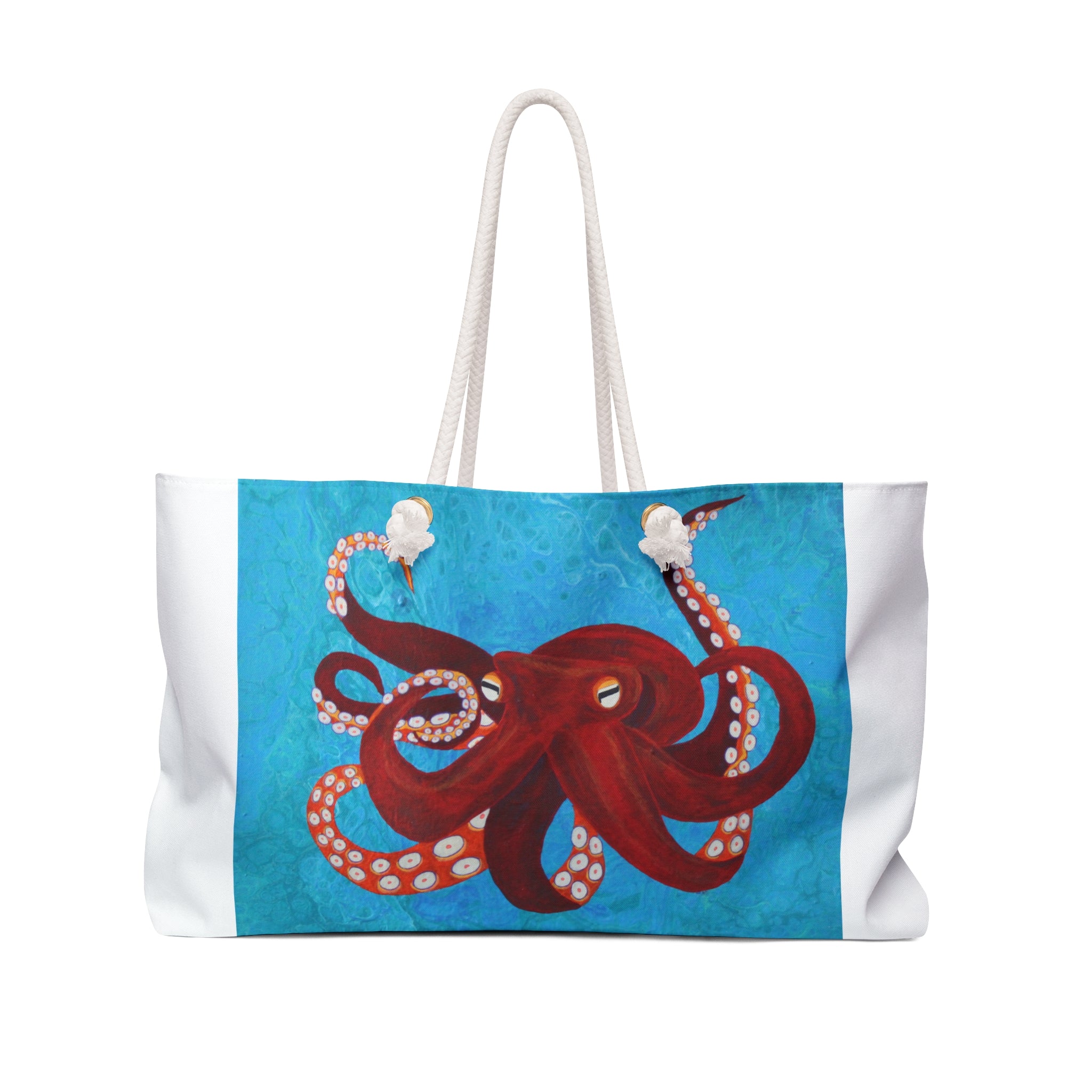 Tote bag with a red octopus design on a blue background