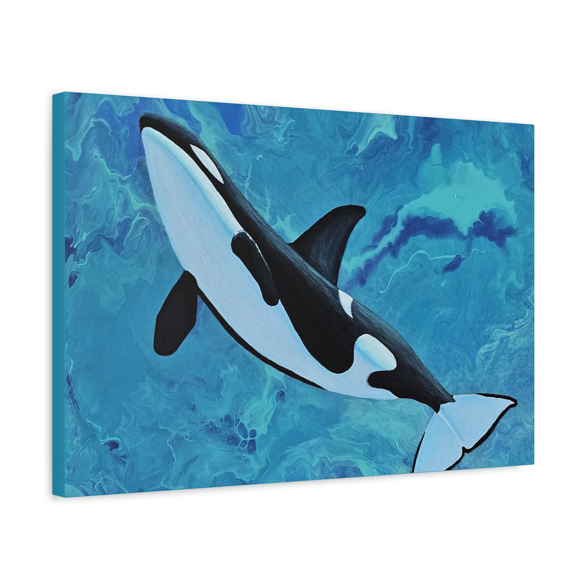 Canvas print of an orca whale on a blue abstract background