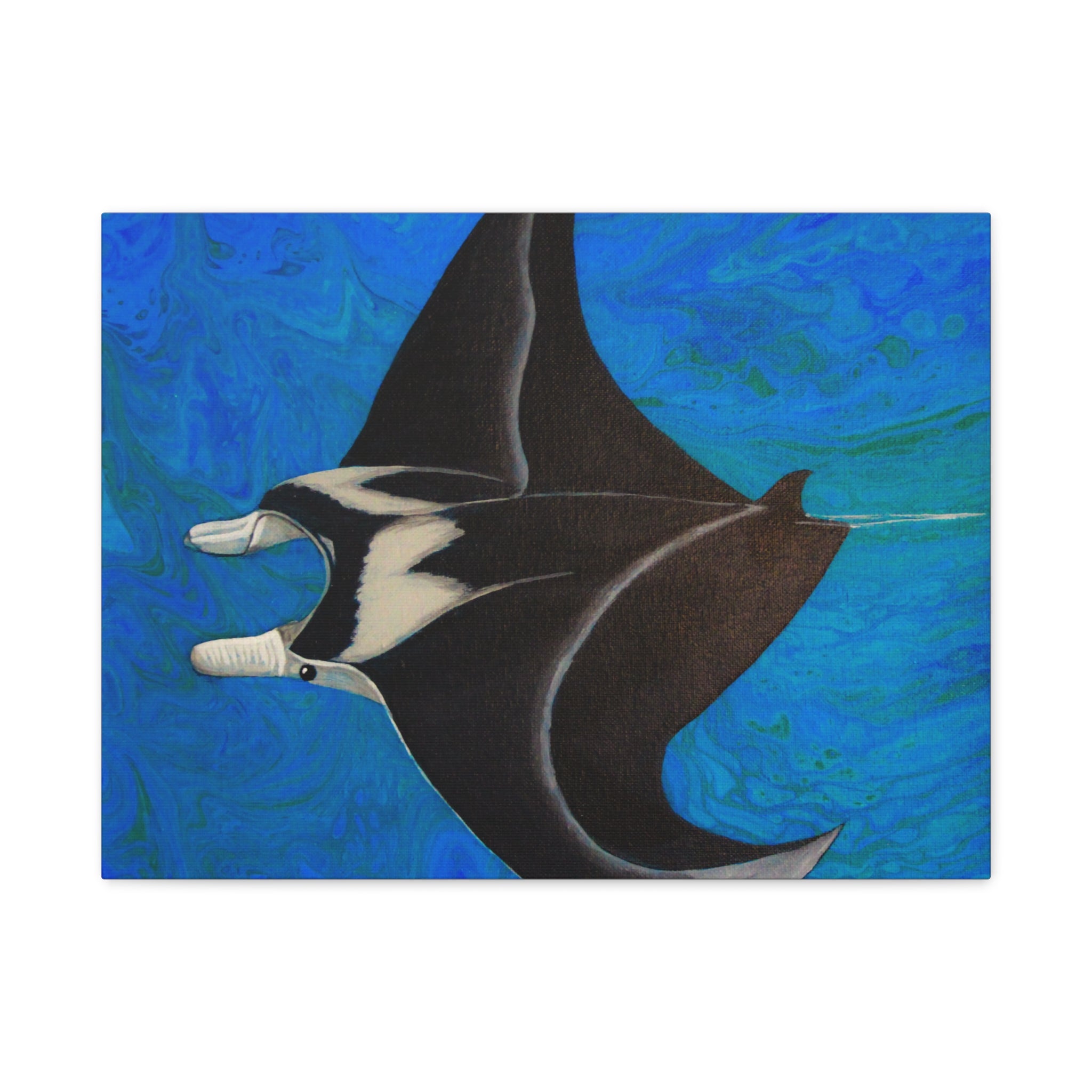 Artistic depiction of a manta ray against a blue ocean background
