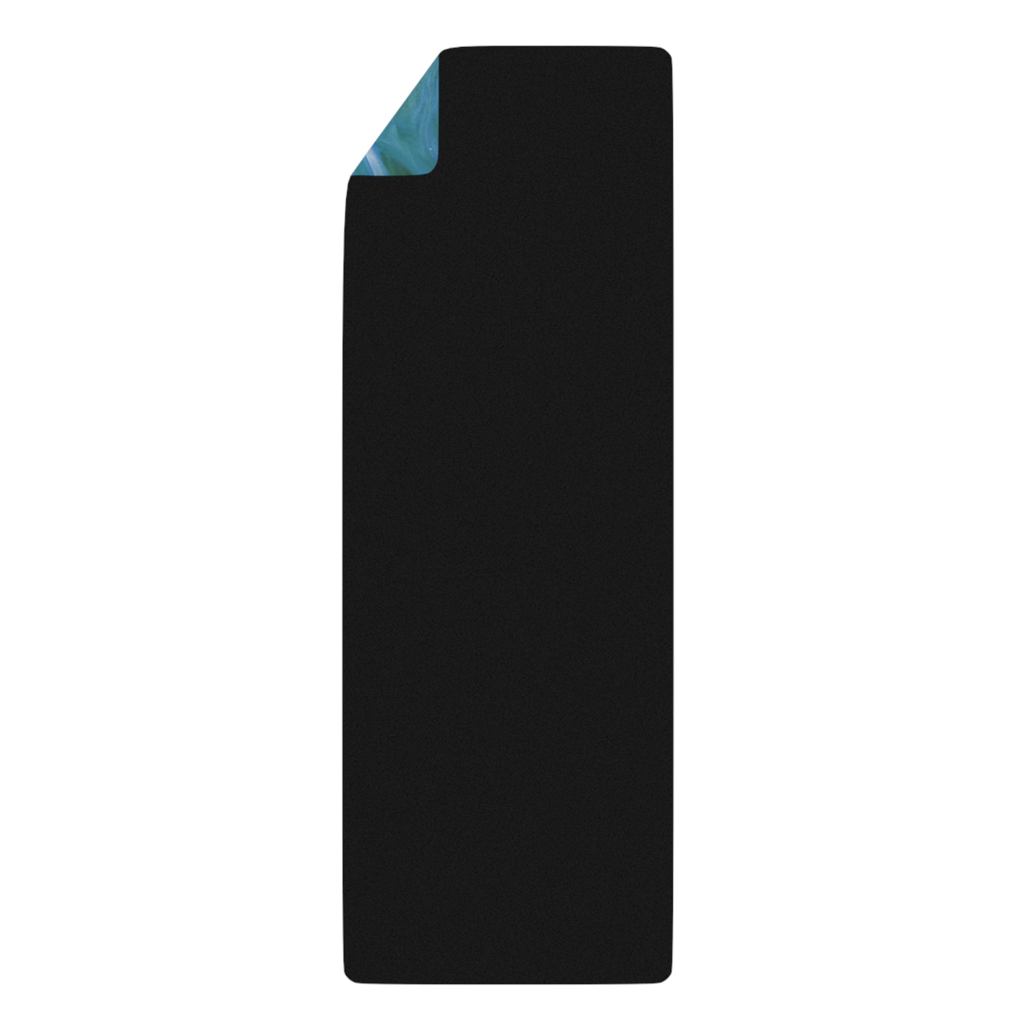 Black yoga mat with a blue corner folded on a white background