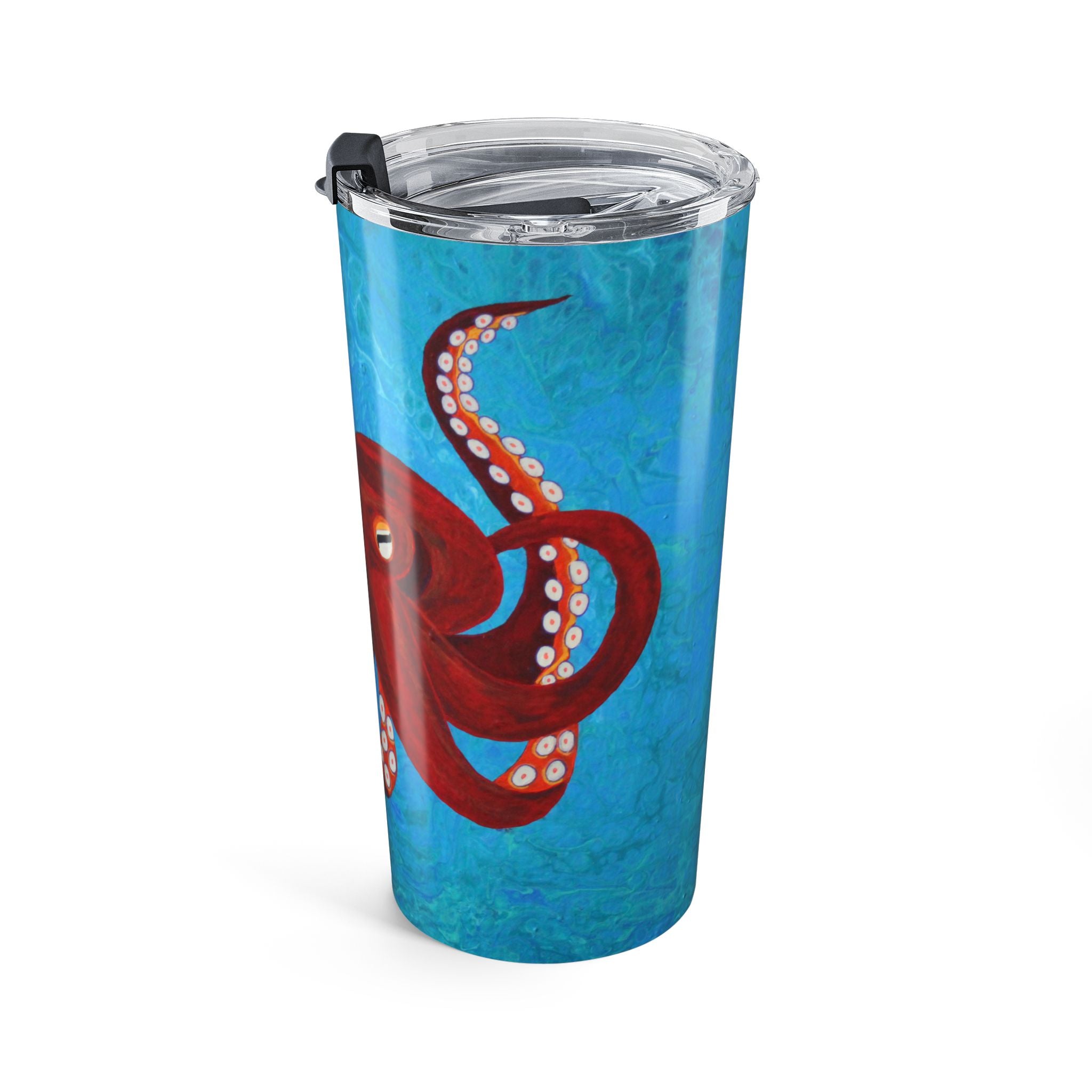Tumbler with red octopus design on a blue background