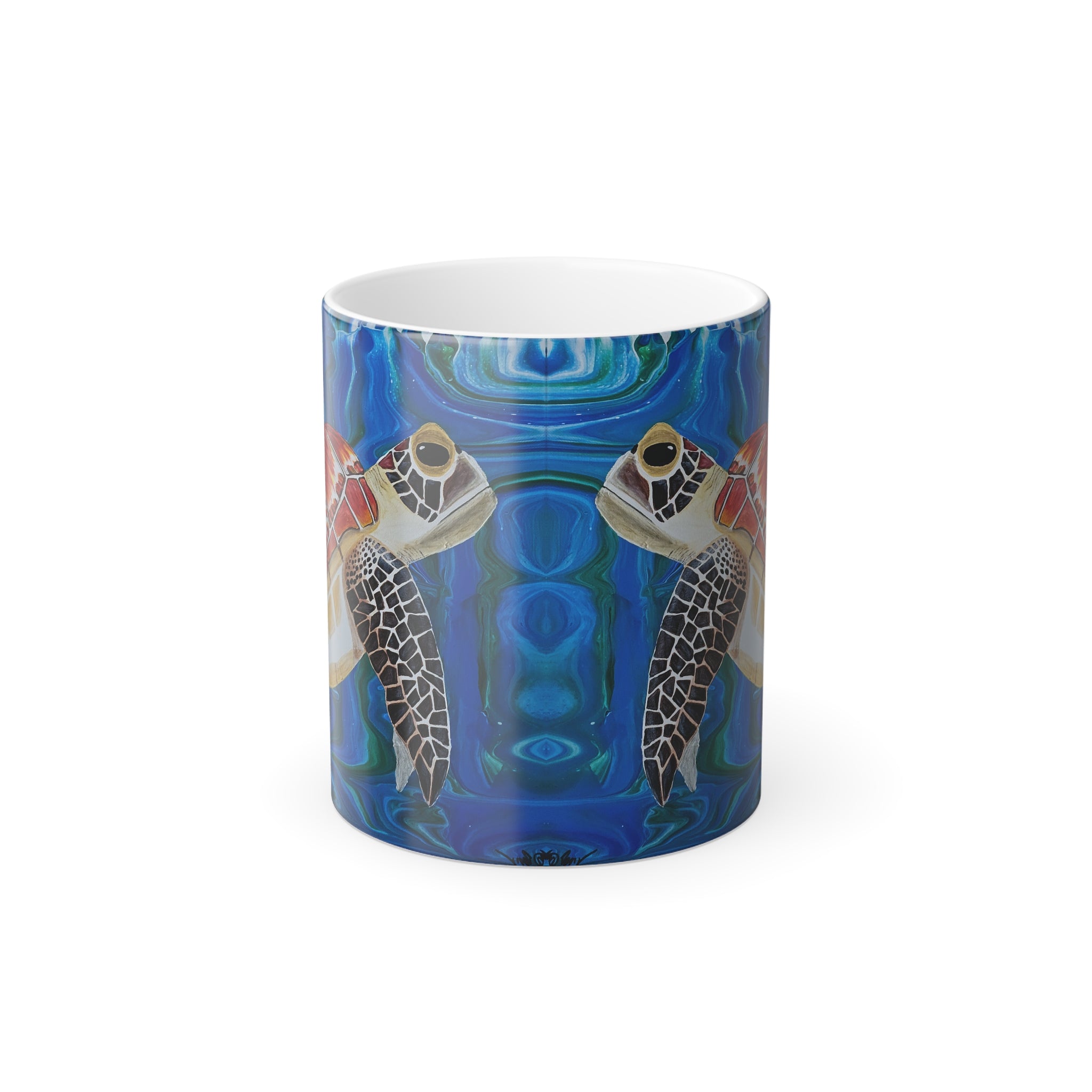 Mug with turtle design on a blue background