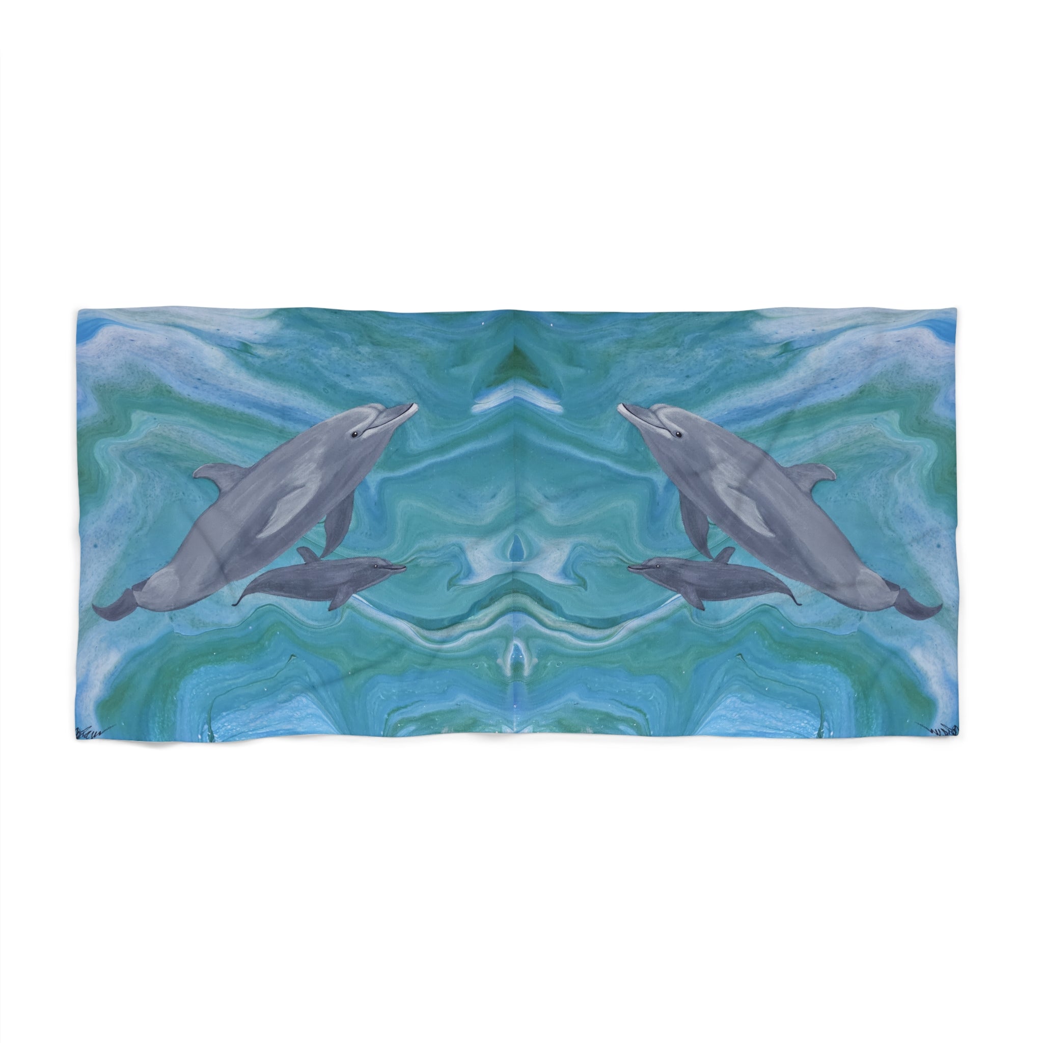 Towel/blanket with dolphin design on a blue and green abstract background