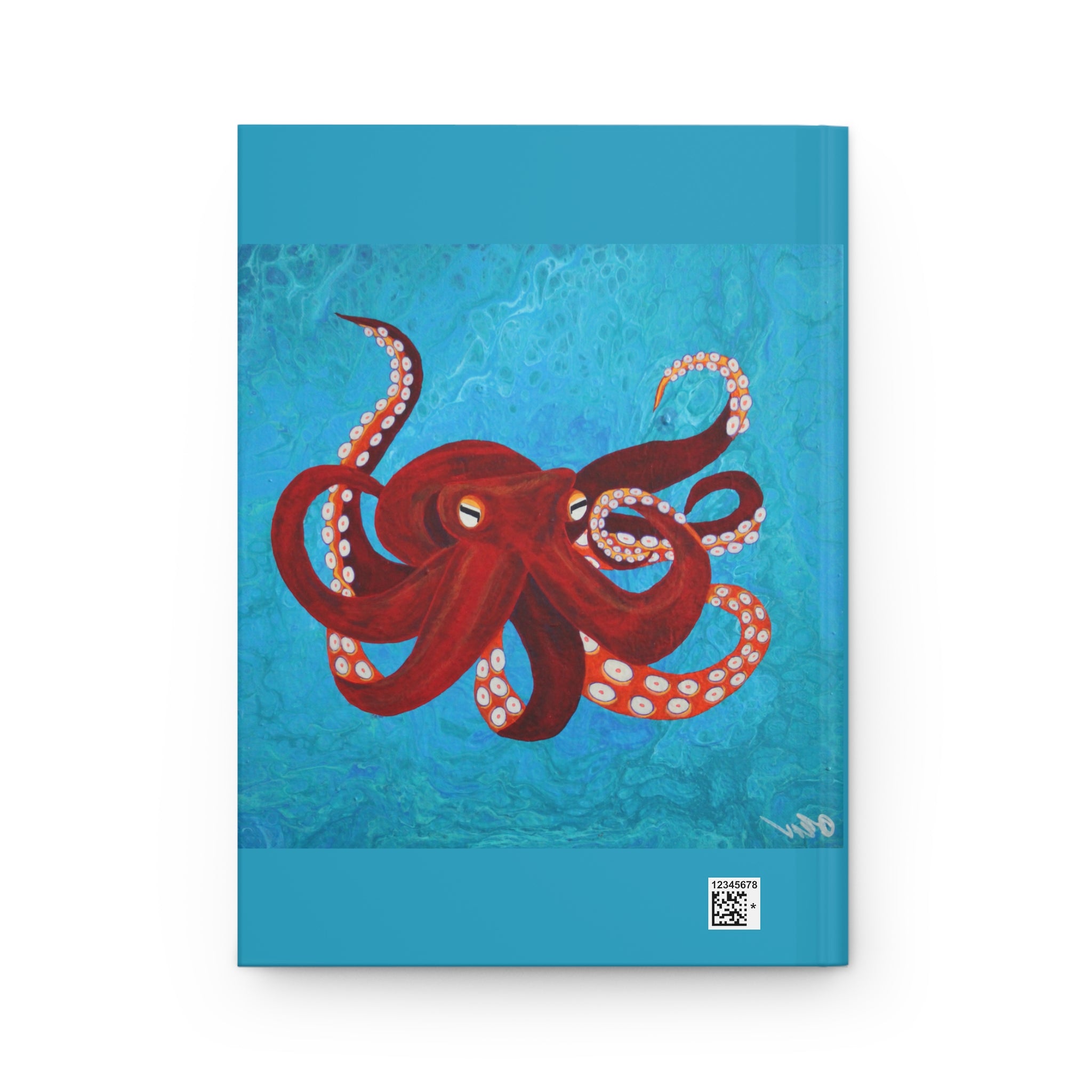 Notebook of a red octopus on a blue textured background