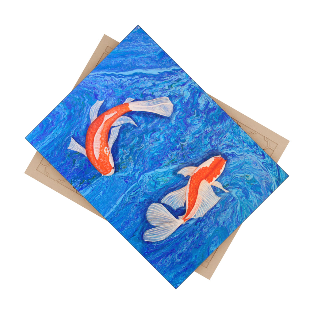 Tile with two koi fish illustration on a blue water background and beige backing