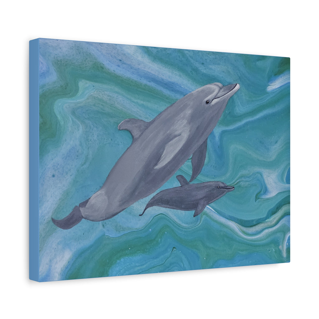 Canvas print with two dolphins on a blue and green marbled background