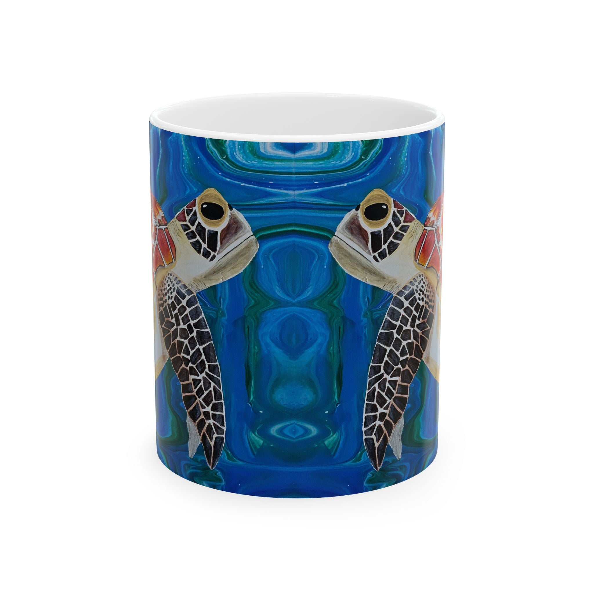 Mug with turtle design on a blue background