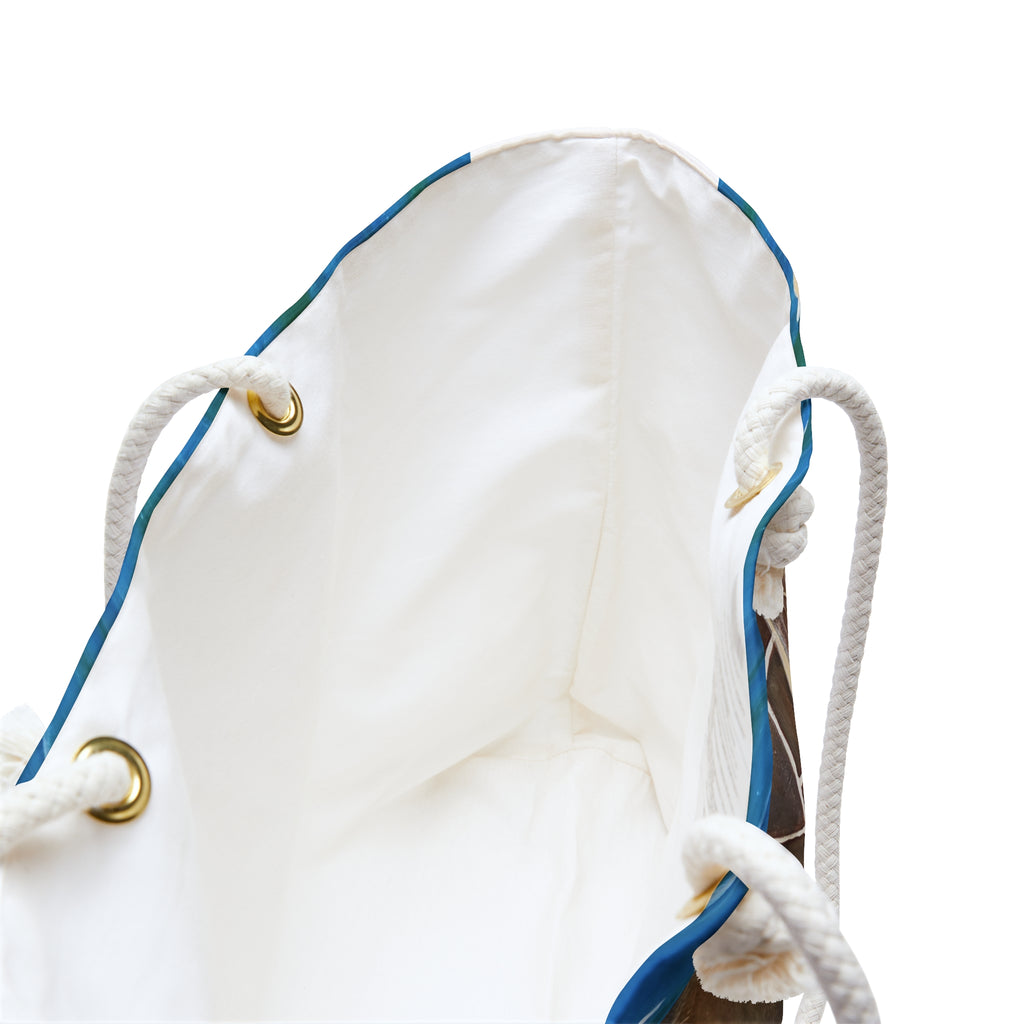 White drawstring bag with blue accents on a white background