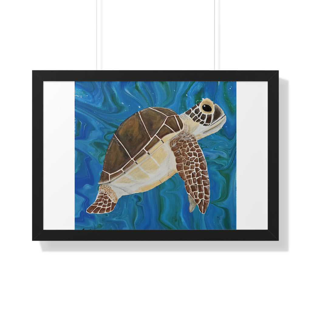 Framed artwork of a turtle on a blue and green abstract background