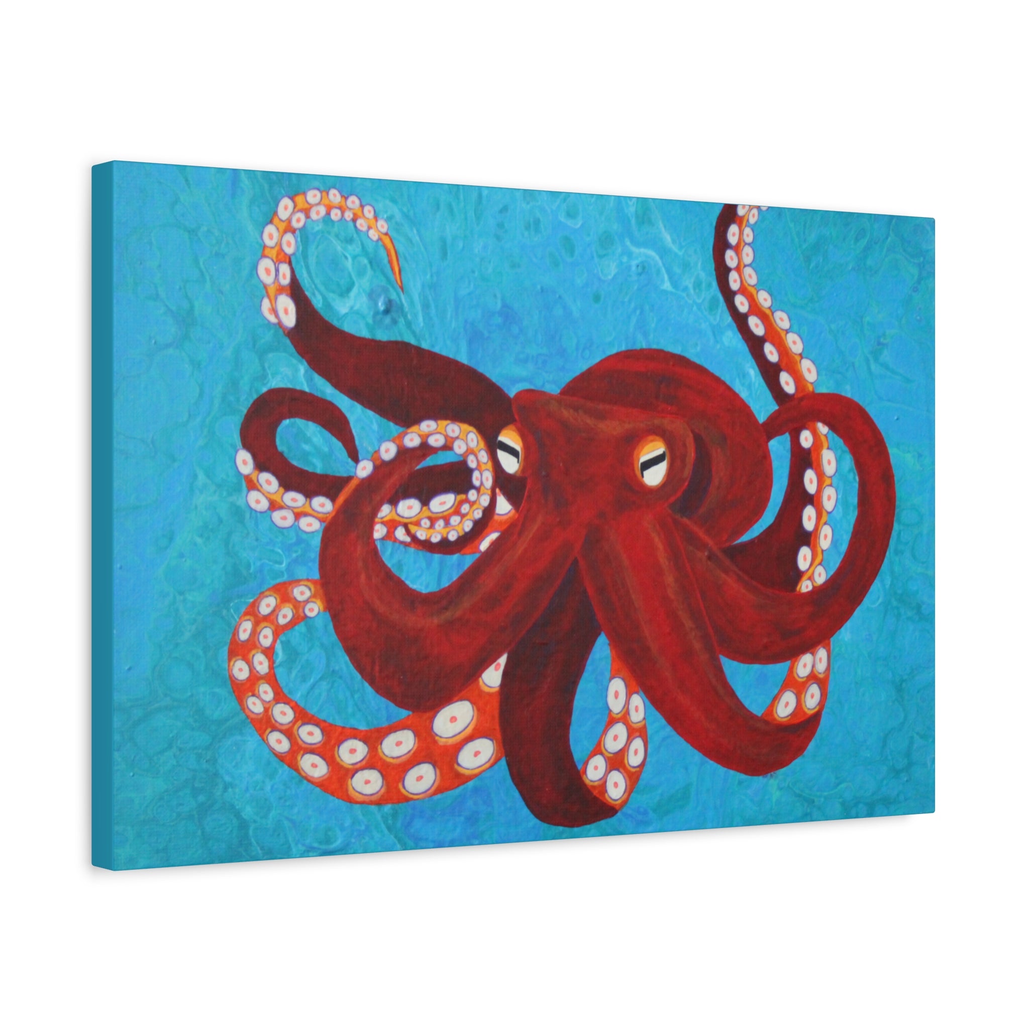 Canvas print of a red octopus on a blue background