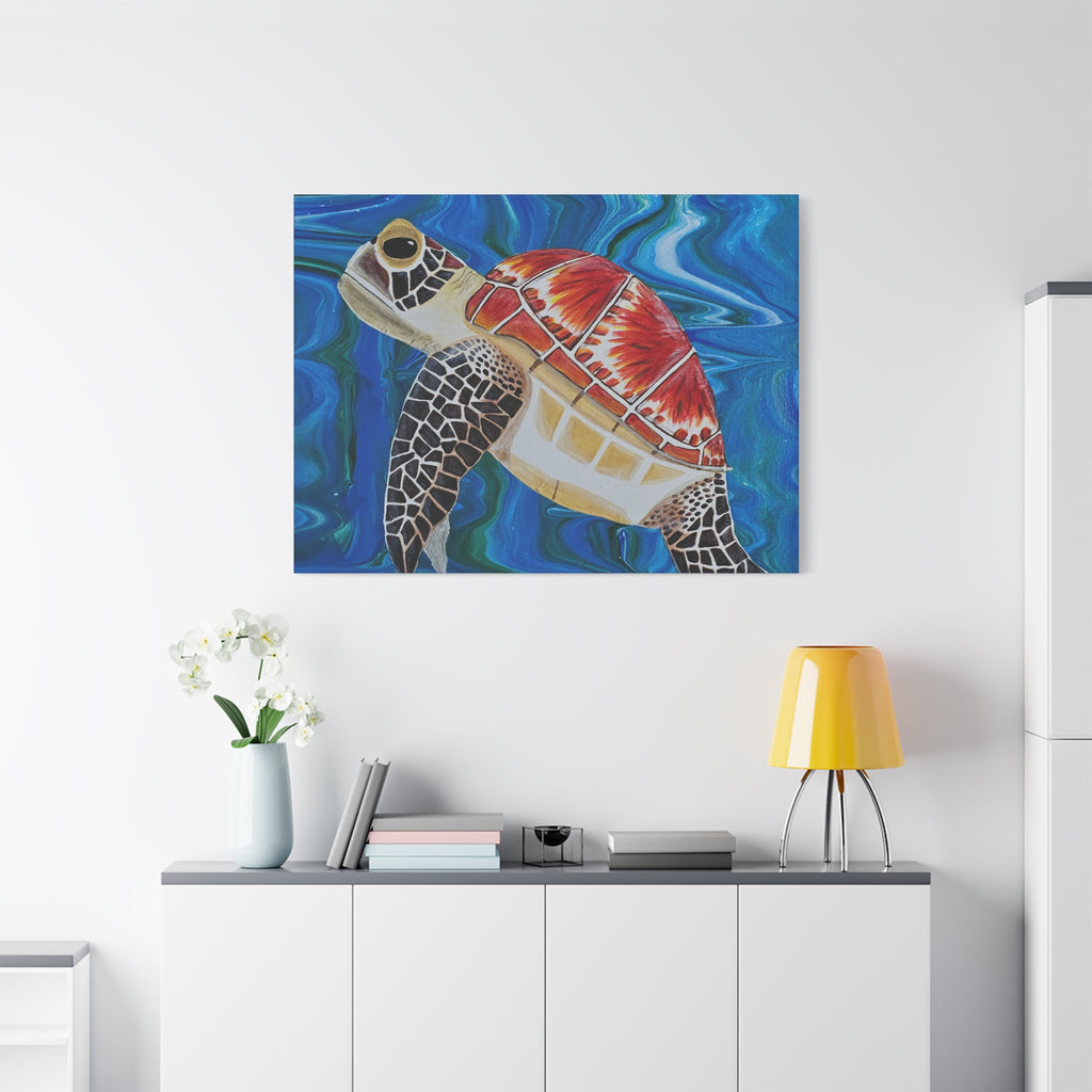 Colorful turtle painting on a white wall above a white cabinet with a yellow lamp.