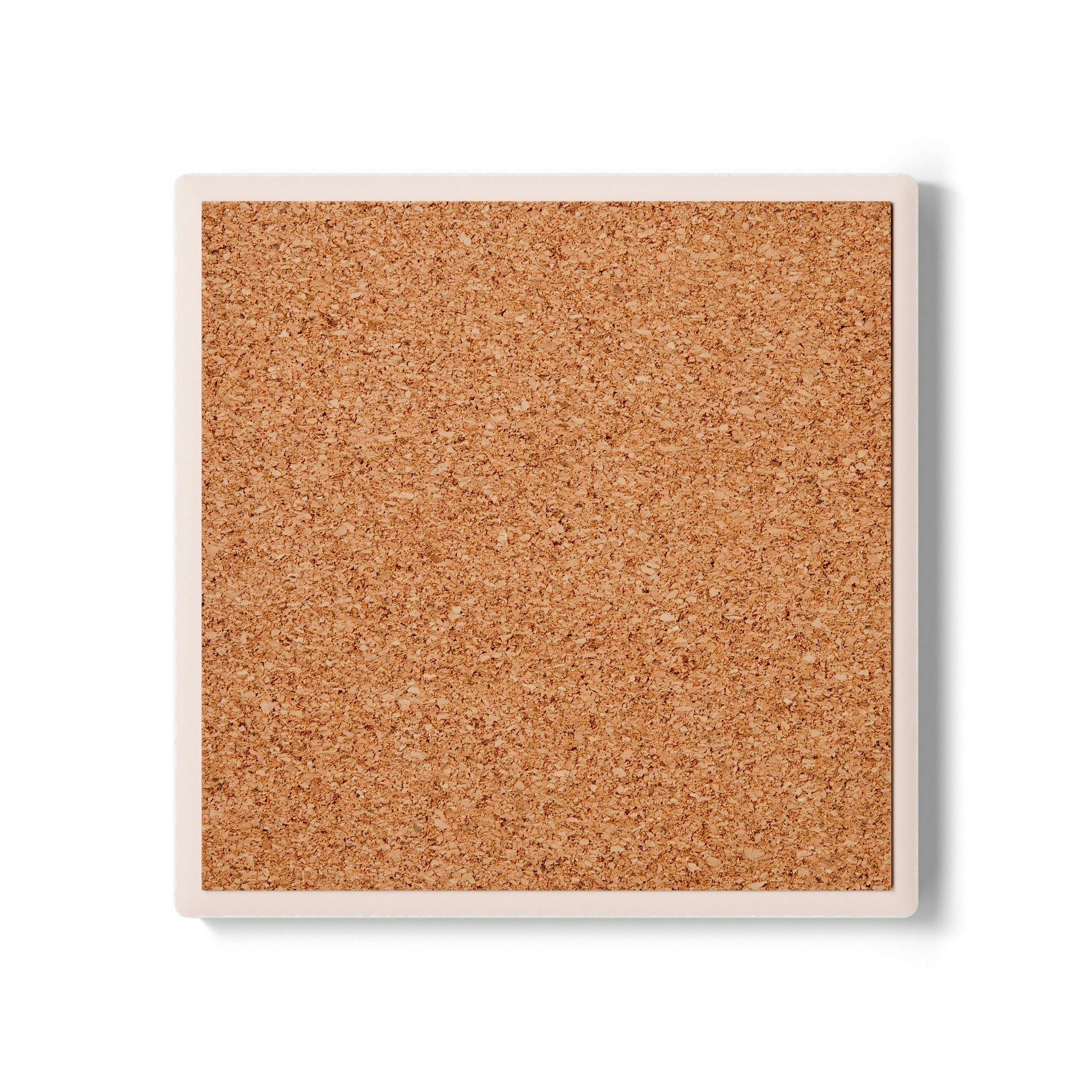 Cork back of coaster with a white frame on a white background