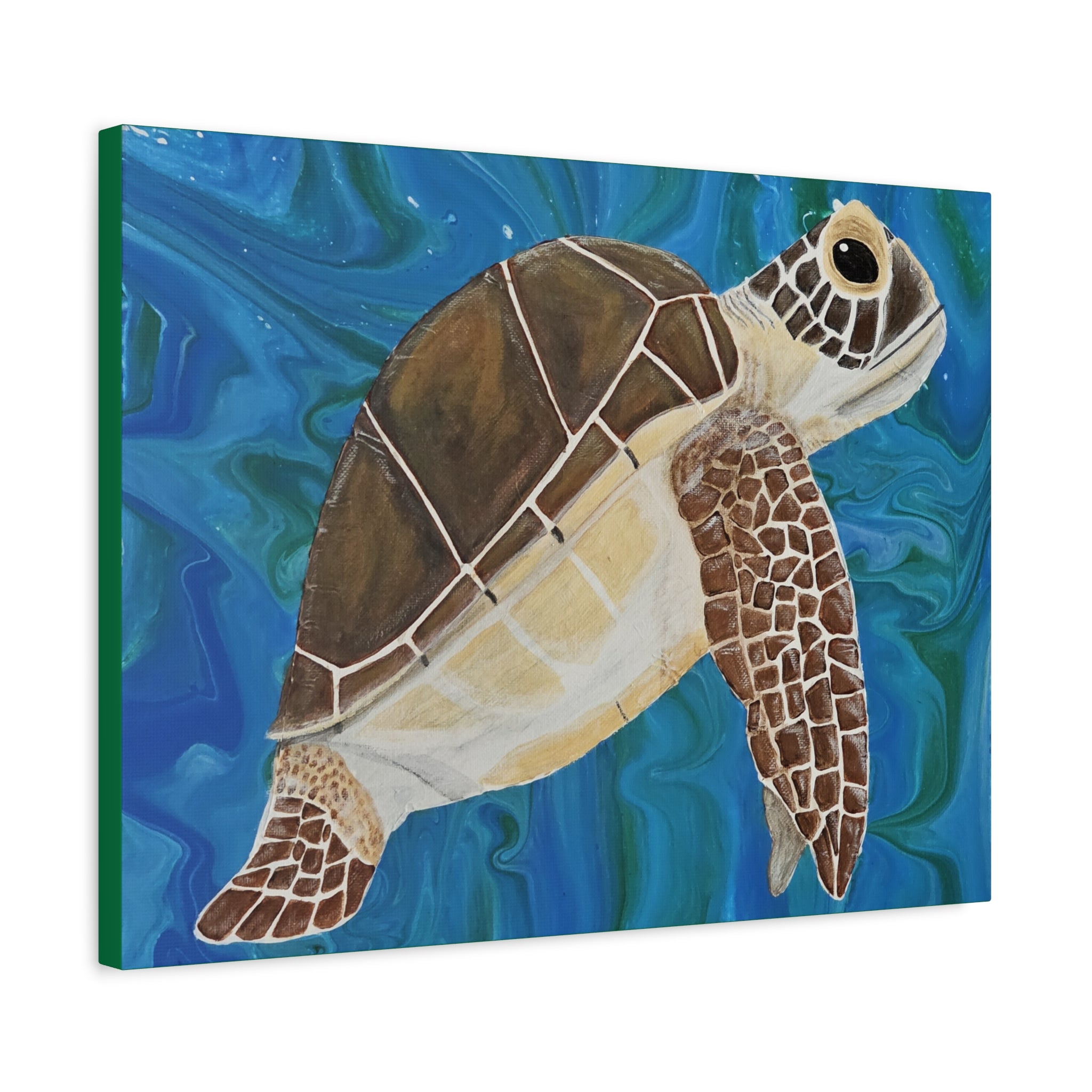 Canvas print of a turtle with a blue ocean background