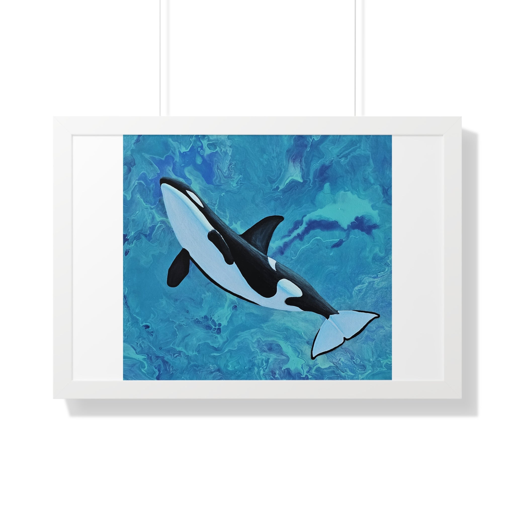 Framed artwork of an orca whale on a blue abstract background