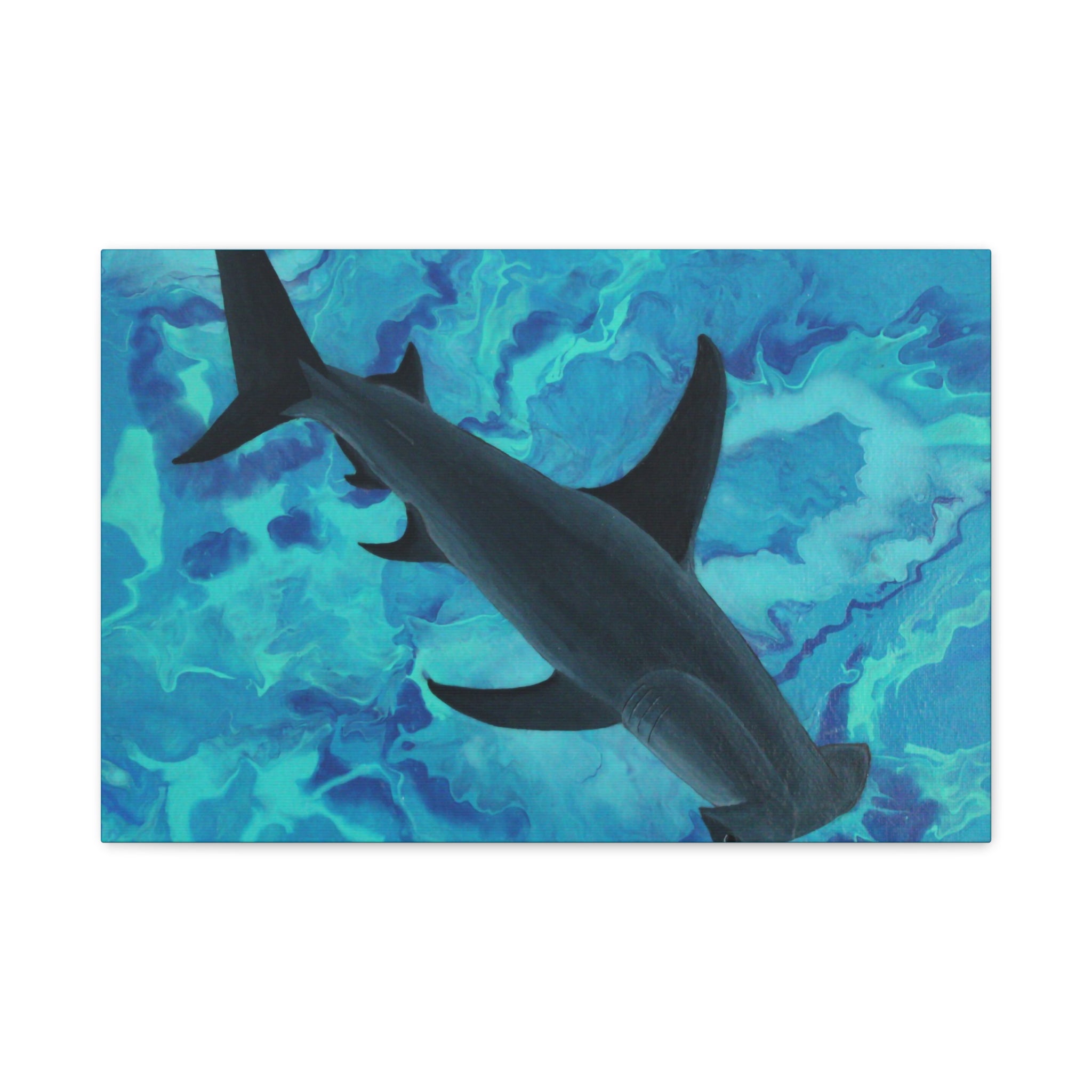 Shark illustration on a blue and green abstract background