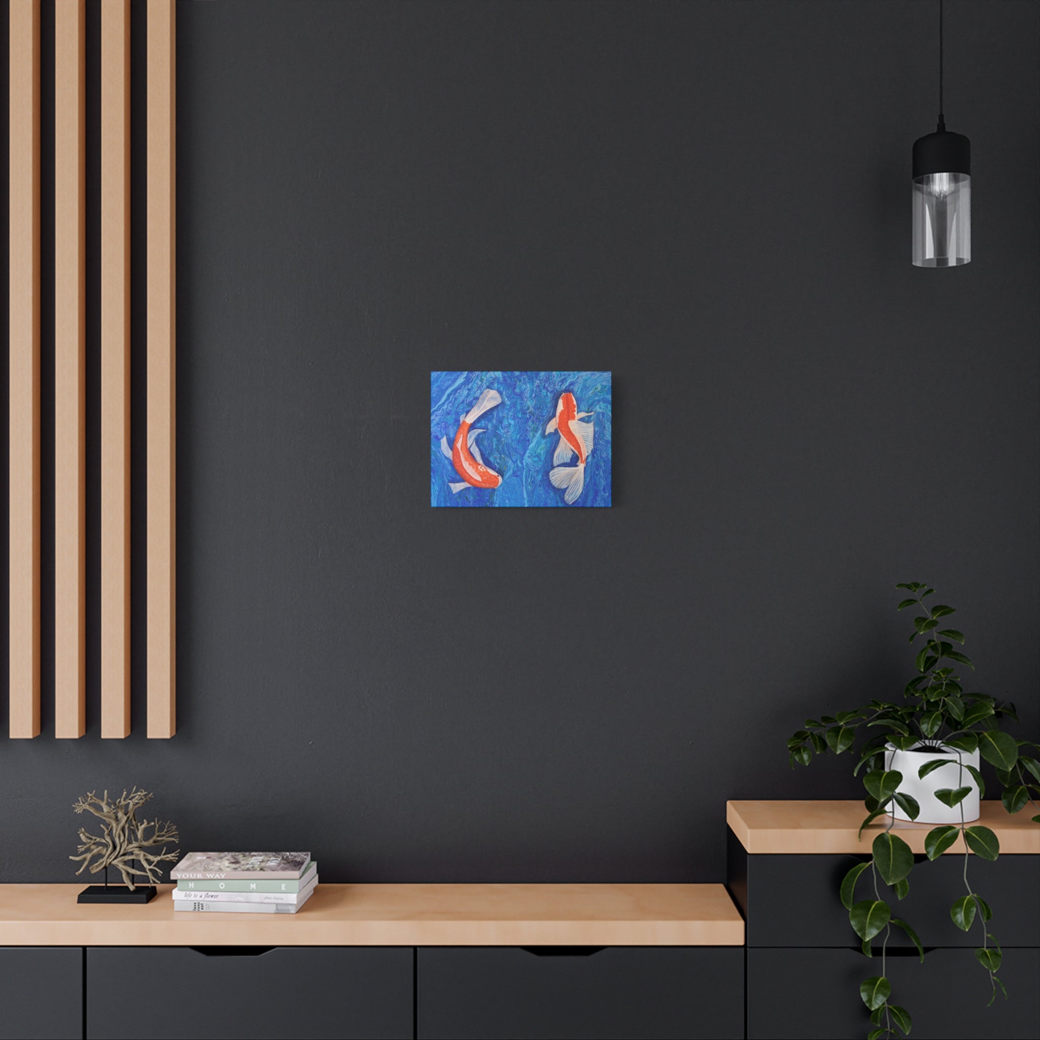Poster of a person with a dog on a beach in a modern room with dark walls and wooden furniture.