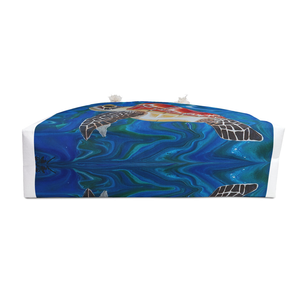 Blue abstract with turtle design on a white background bottom of bag