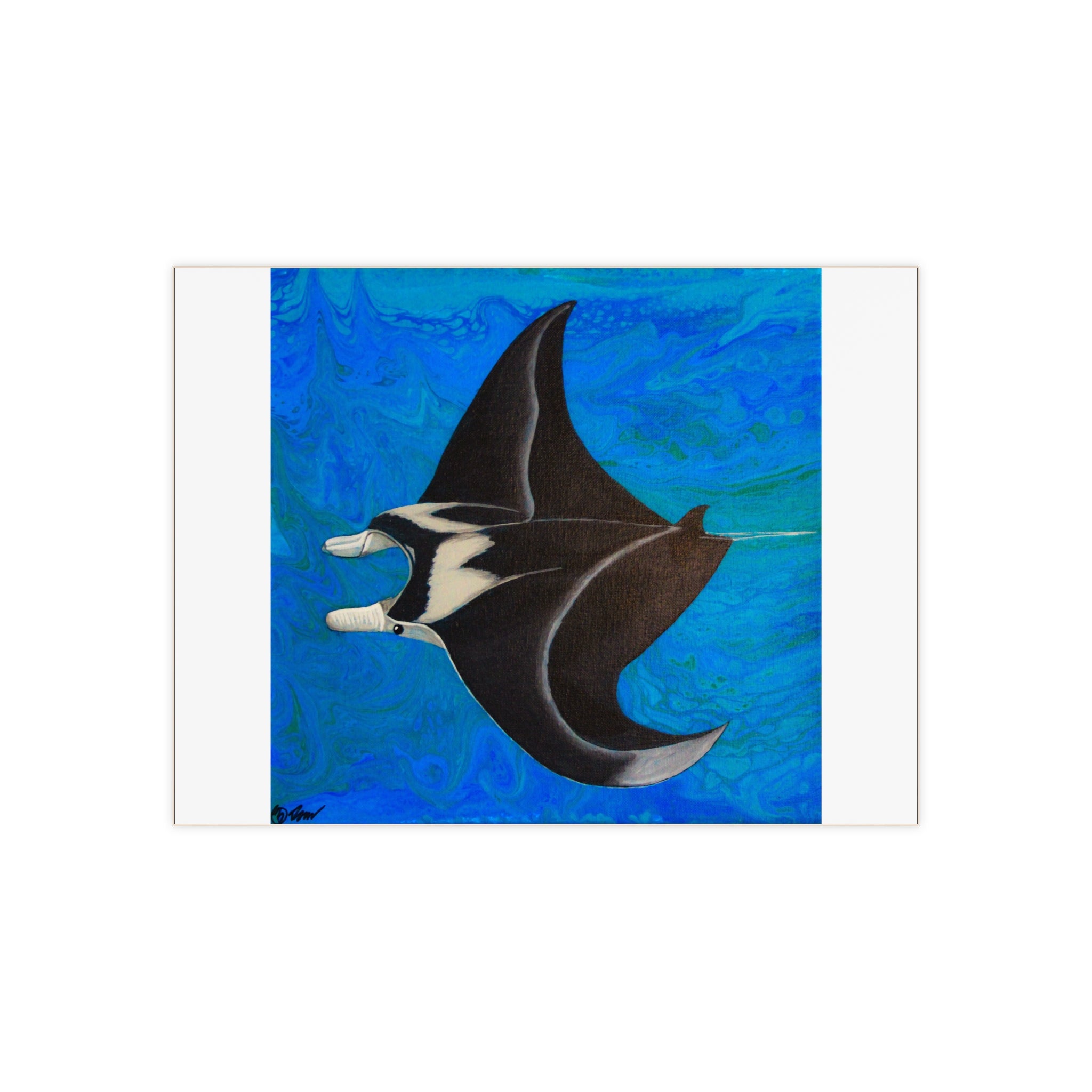 Painting of a manta ray on a blue background tile