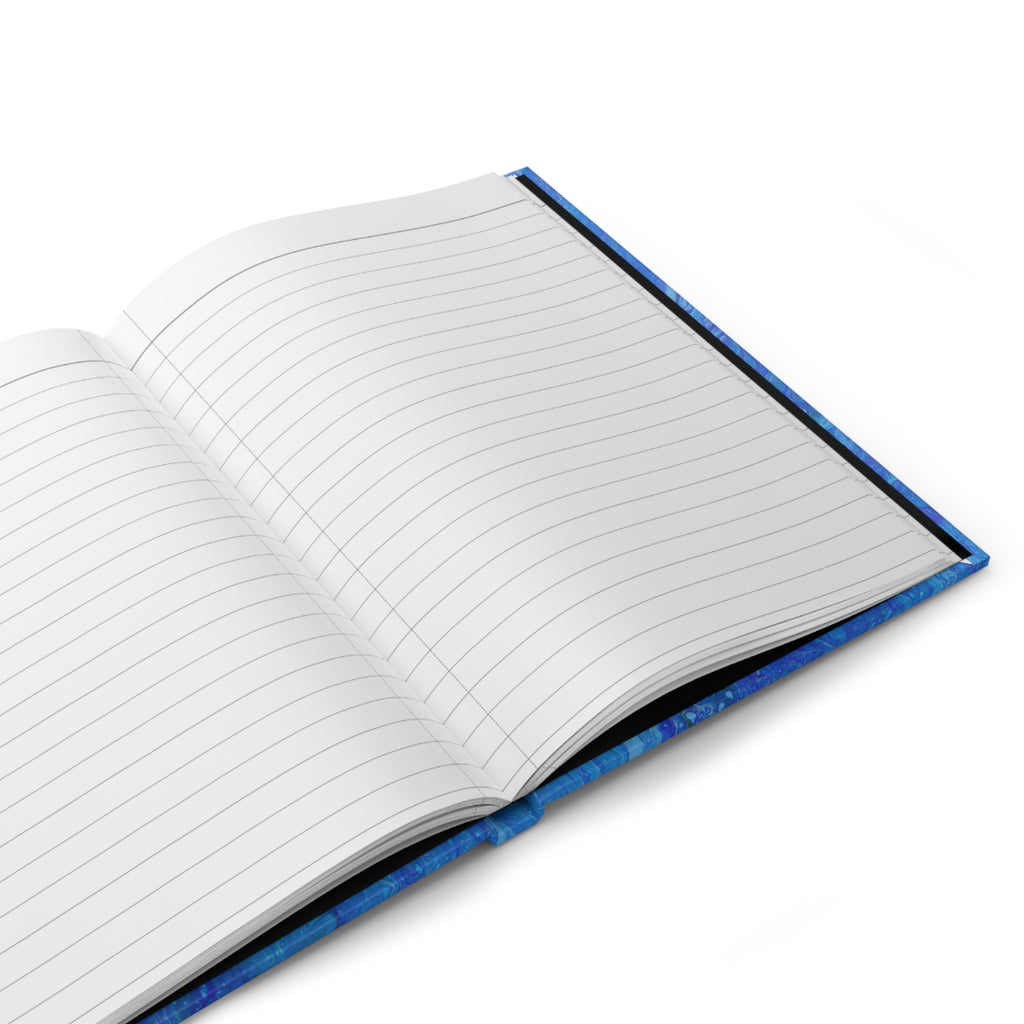 Open notebook with blue binding on a white background