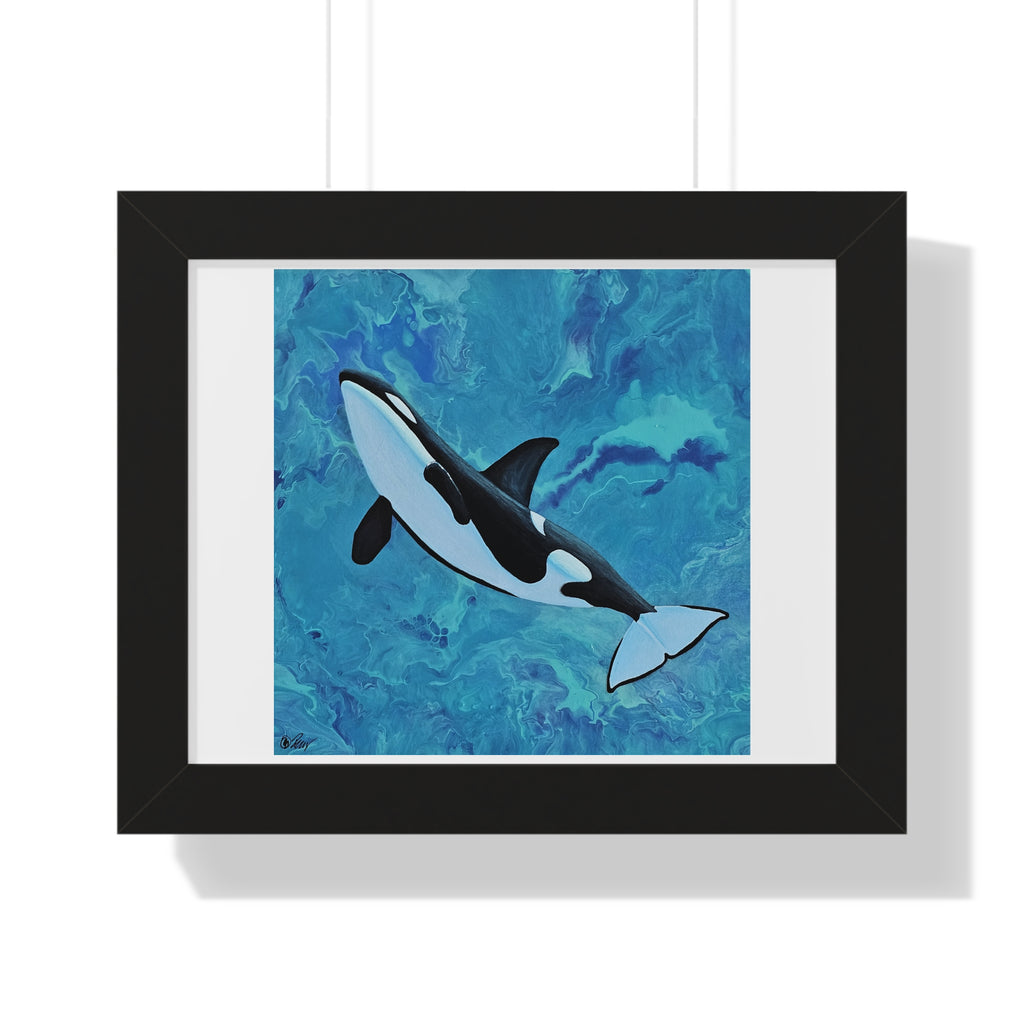 Framed artwork of an orca whale on a blue abstract background