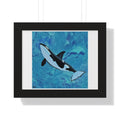 Framed artwork of an orca whale on a blue abstract background