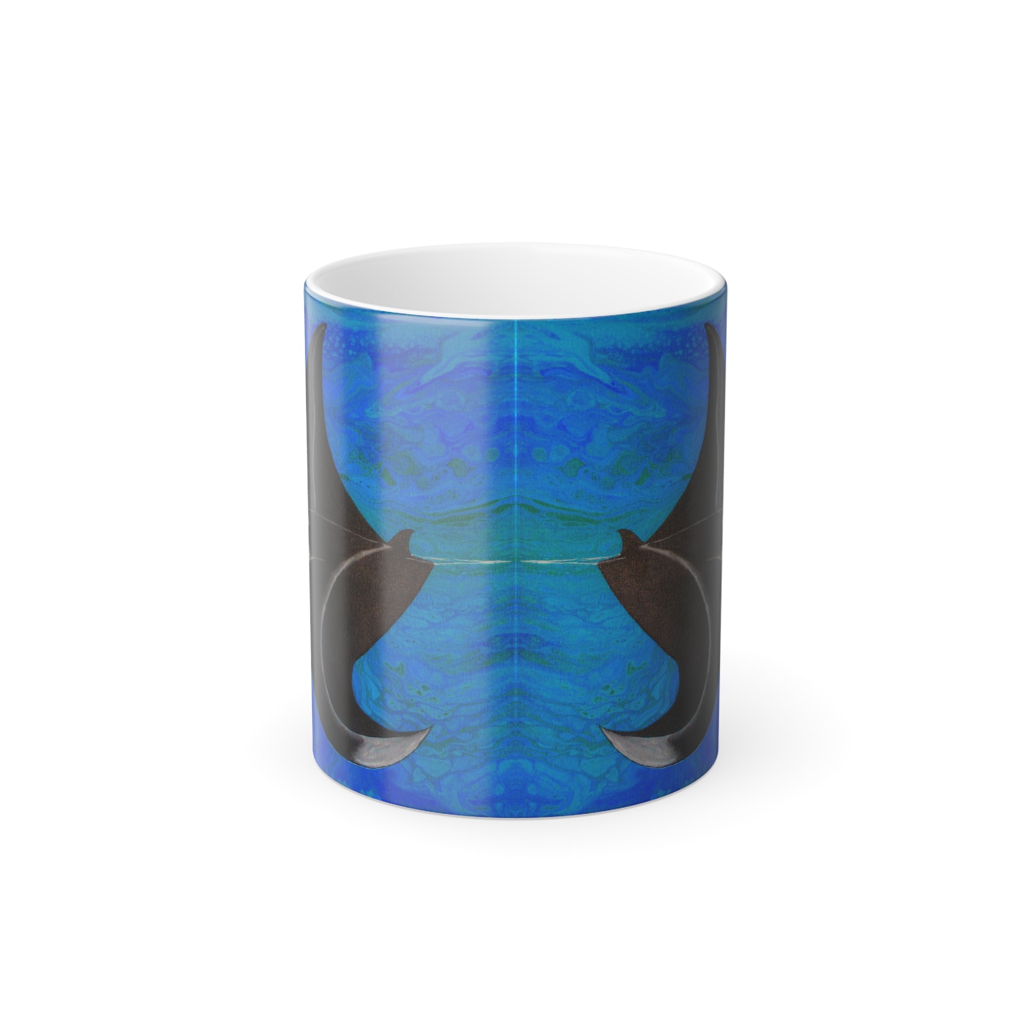 Mug with blue abstract design and black cat silhouette on a white background