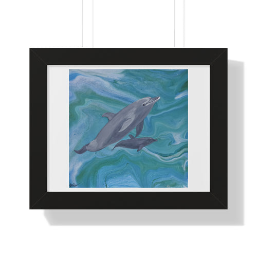 Framed artwork of two dolphins swimming in water.