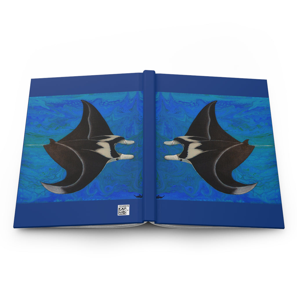 Open book with manta ray illustrations on a blue watercolor background