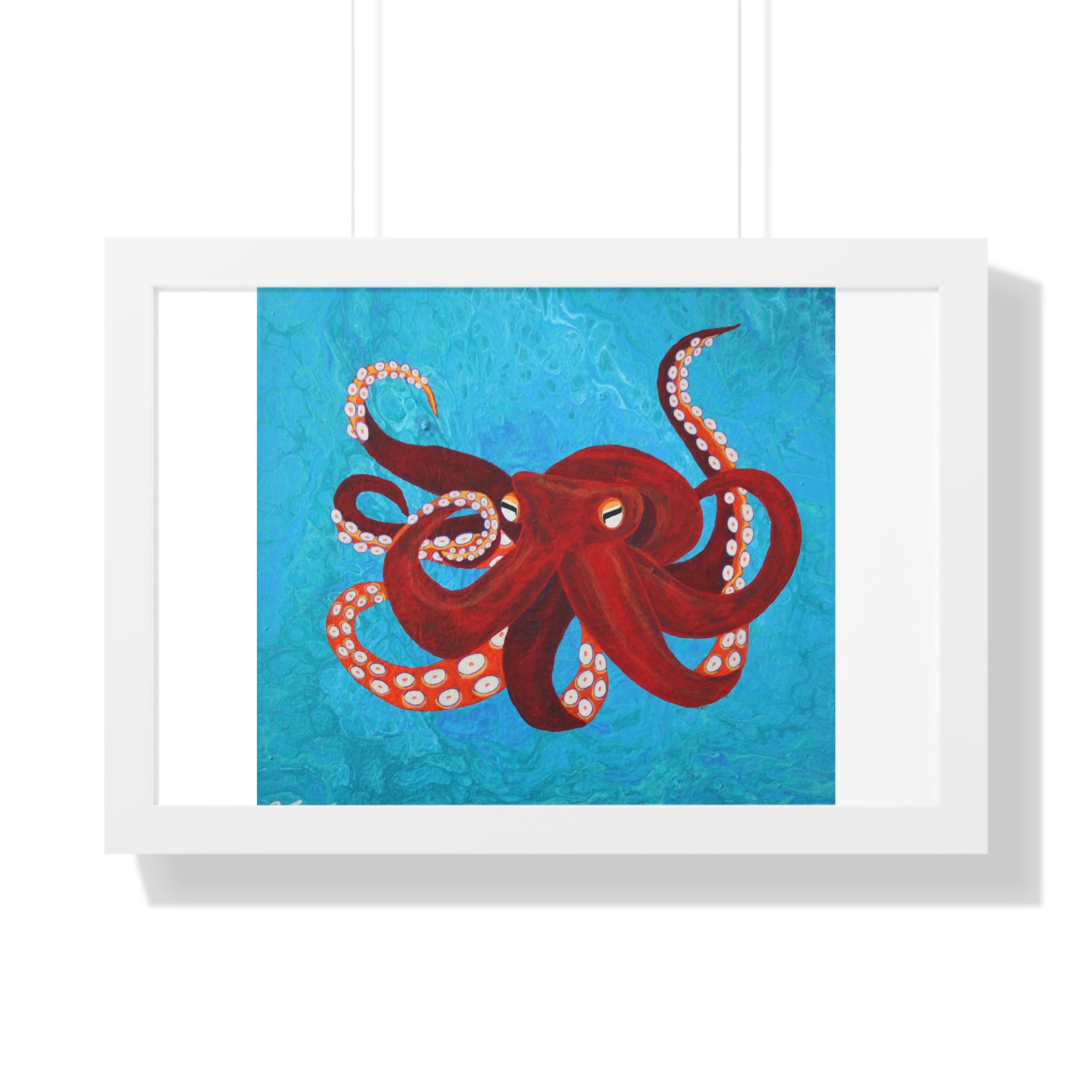Framed artwork of a red octopus on a blue background
