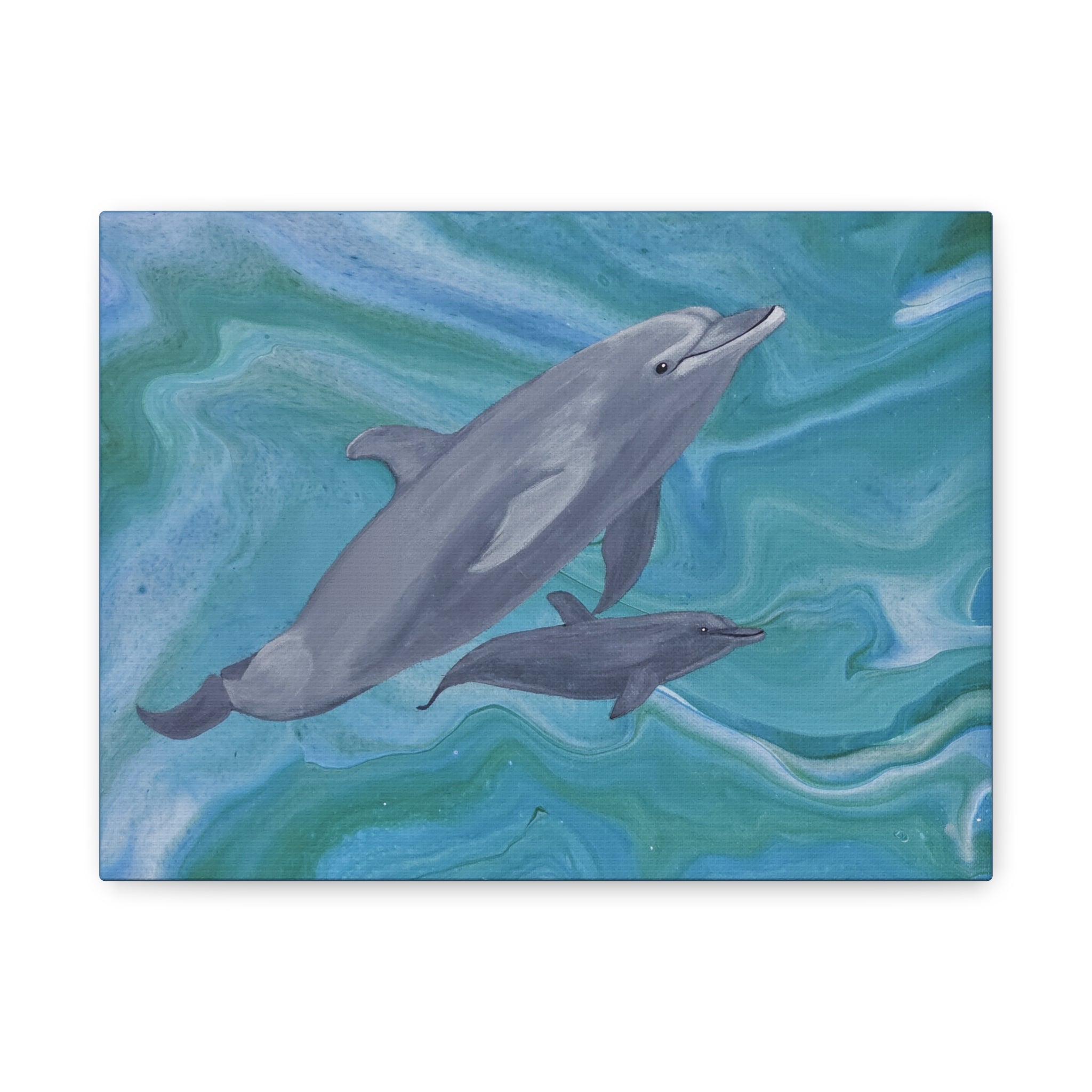 Two dolphins swimming on a blue and green marbled background