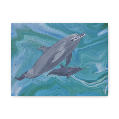 Two dolphins swimming on a blue and green marbled background