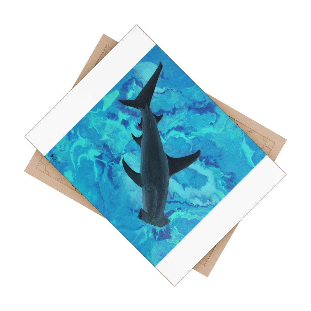 Tile with a shark illustration on a blue background and beige backing