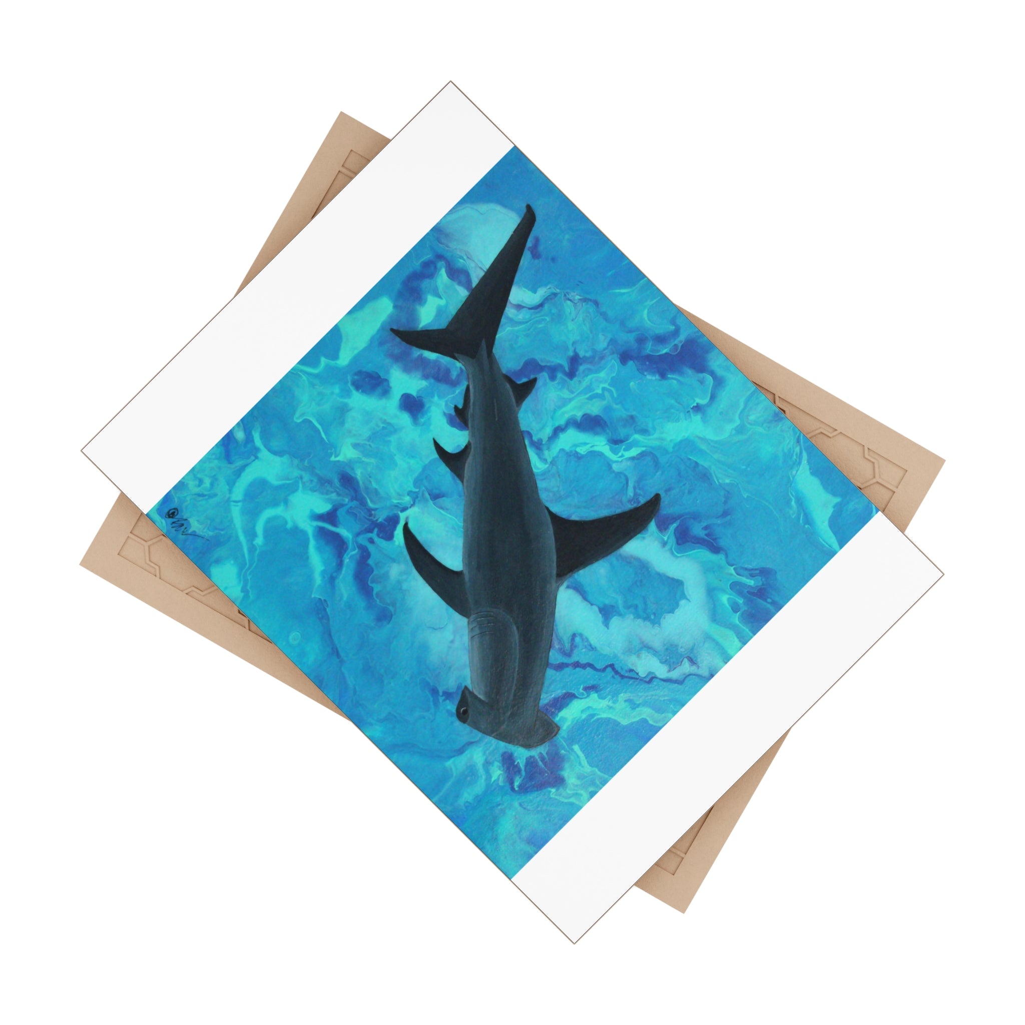 Tile with a shark illustration on a blue background and beige backing