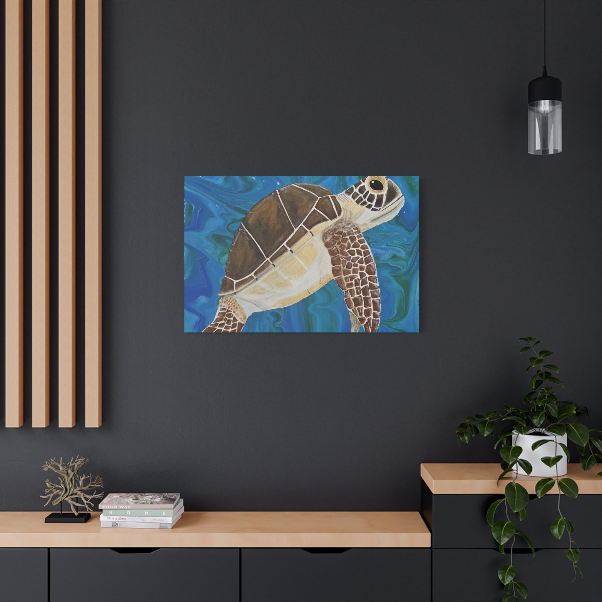 Artistic depiction of a turtle on a blue background in a modern interior setting.