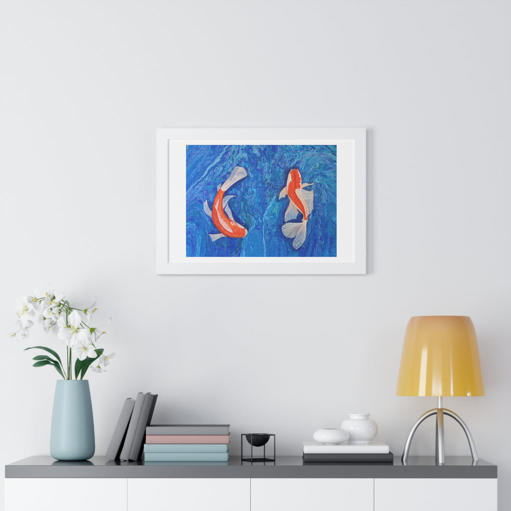 Framed artwork of two koi fish on a wall above a shelf with decor items.